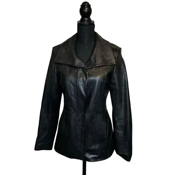 COLE HAAN Wing Collar Black Lambskin Leather Jacket Size 4 - Picture 3 of 17